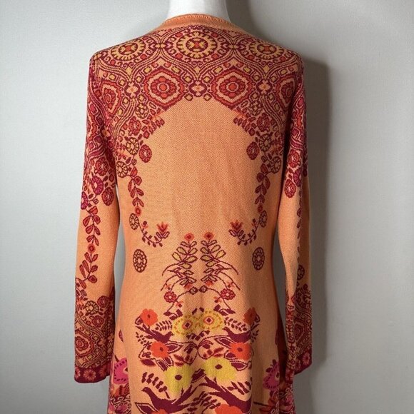 KOOI Knitwear Sz M Orange Red Floral Long Cardigan Artsy Boho Retro Festival Hip - Picture 9 of 13